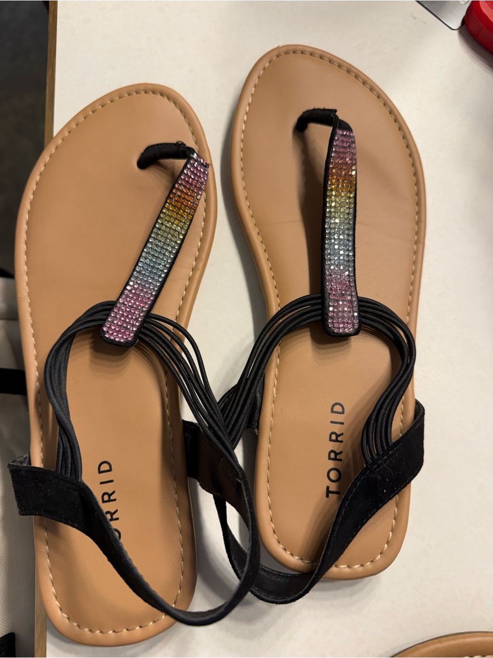 torrid Black Sandals with Rainbow Rhinestone T-Strap
